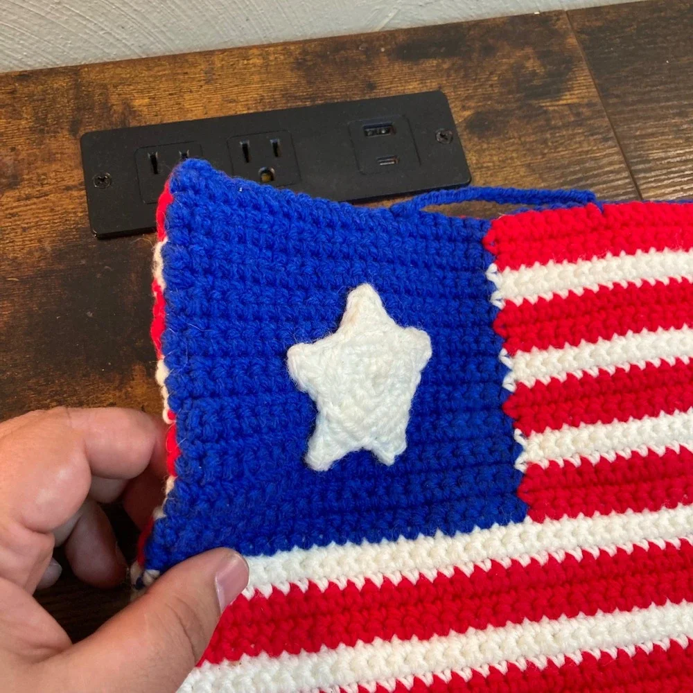 Handmade Crochet American Flag Wall Hanging Patriotic Red White Blue Decor 11x8